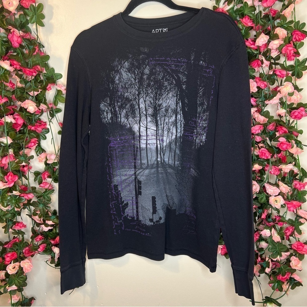 Apt 9 Black Forest Scene Long Sleeve Thermal Shirt Womens Medium - Picture 1 of 6